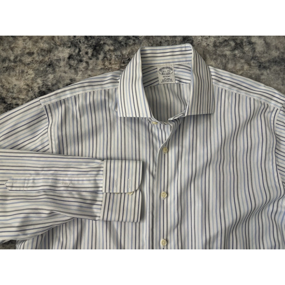 Brooks Brothers REGENT Mens Blue White Stripe Non-Iron Button Down Shirt 16.5-34